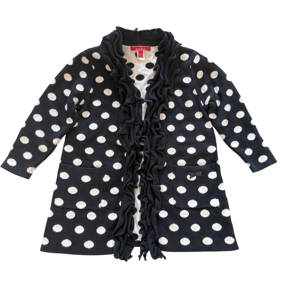 One Kid Black & White Polka Dot Ruffled Sweater Jacket Girl's sizer 2T